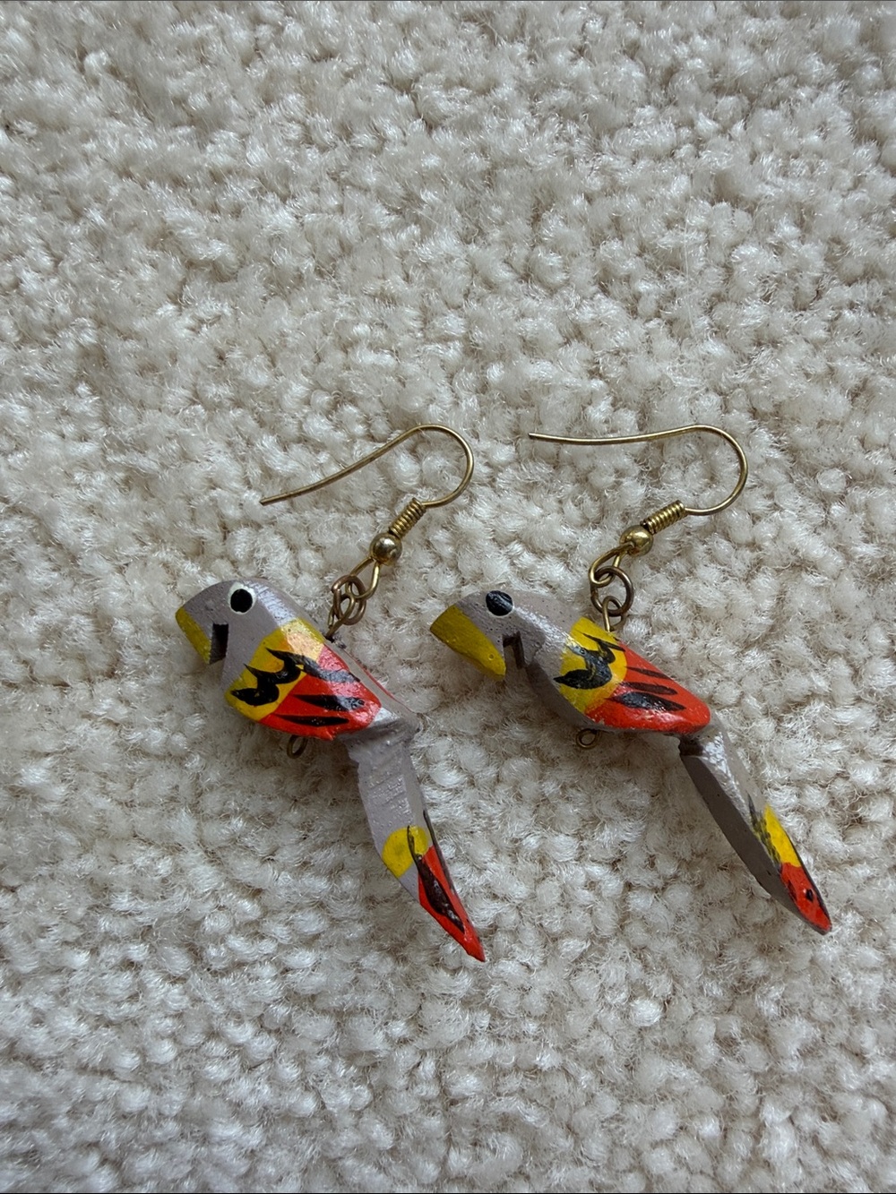 Vintage hand carved wooden parrot earrings